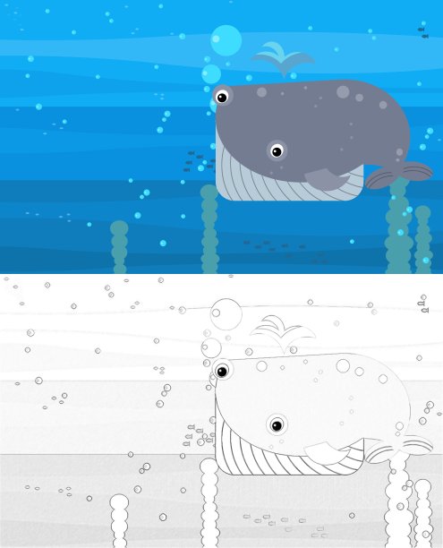 卡通水下场景与素描与游泳珊瑚礁鱼插图图片下载