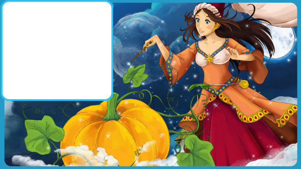 卡通场景与一个年轻的贫穷的女孩-大南瓜和金鞋城堡的背景与框架文字插图的儿童图片下载