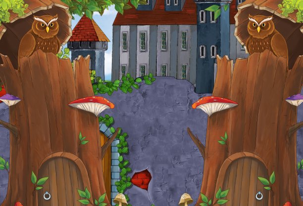 森林边城堡的卡通欢乐场景-不同用途的舞台-儿童插画图片下载