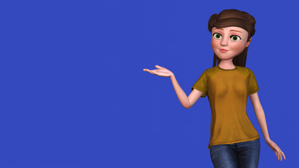 年轻女子显示与她的手卡通女孩在蓝色背景复制空间卡通渲染3D插图图片下载