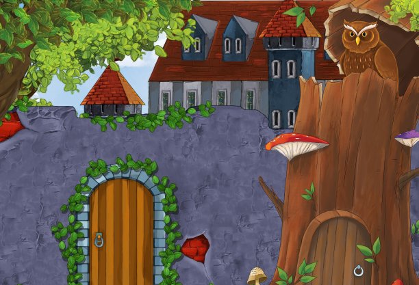 森林边城堡的卡通欢乐场景-不同用途的舞台-儿童插画图片下载