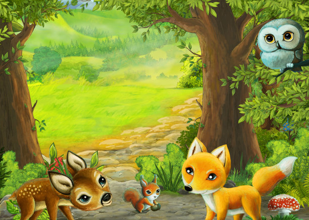 卡通自然场景附近的森林与路径插图图片下载