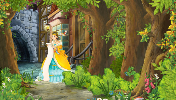 卡通自然场景与中世纪城市街道和美丽的女孩公主站在阅读儿童插图图片下载