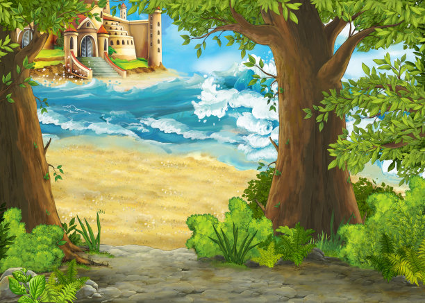 海滩和海洋或海洋的美丽城堡的卡通场景-儿童插图建筑，背景，海湾，美丽，美丽，明亮，建筑，卡通，城堡，欢快，彩色，天，空，寓言，立面，仙女，童话，梦幻，风扇图片下载