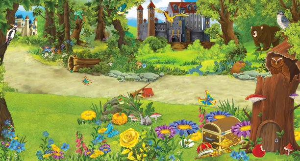 森林附近城堡的卡通快乐场景图片下载