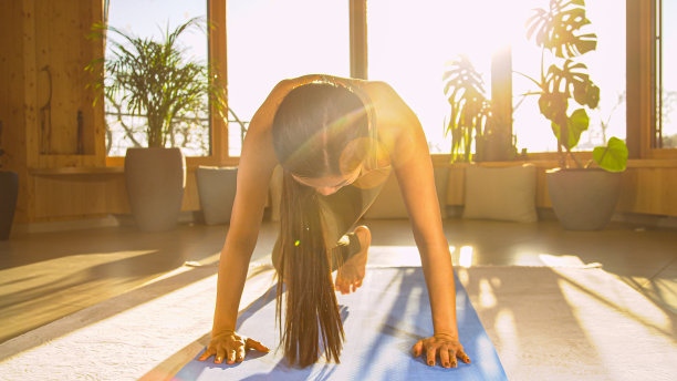 运动的女人在登山锻炼运动服在健身垫上锻炼图片下载