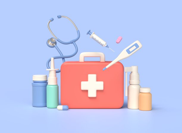 3d医疗器械，急救箱，注射器，听诊器，体温计，药瓶，胶囊，卡通喷雾器。医药保健理念，在线医生咨询。三维渲染图片下载