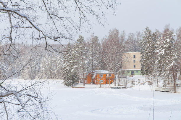 人们在结冰的湖面上滑冰，冬天被雪覆盖的乡村房屋图片下载