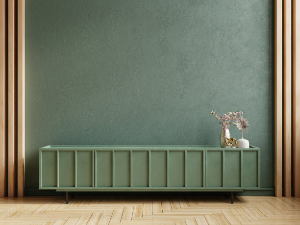 客厅带电视柜，深色混凝土绿色墙壁背景。图片下载