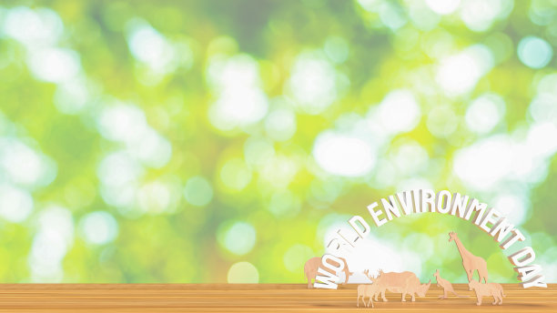 世界环境日文字和动物木板假日概念3d渲染图片下载