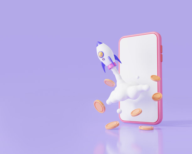 火箭从手机屏幕发射硬币，成功的商业，成功启动创业，增长统计，硬币到月球。开创商业理念。三维渲染插图图片下载