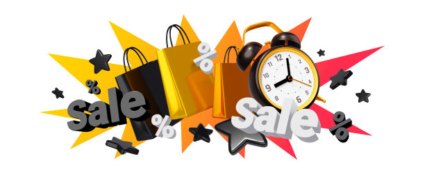 3d插图与文字销售，购物袋和黑色复古闹钟的颜色背景图片下载