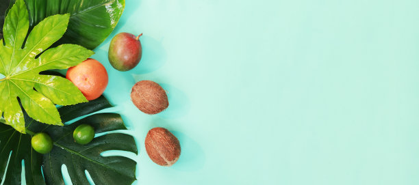 热带水果，俯视图在水平蓝色背景图片下载