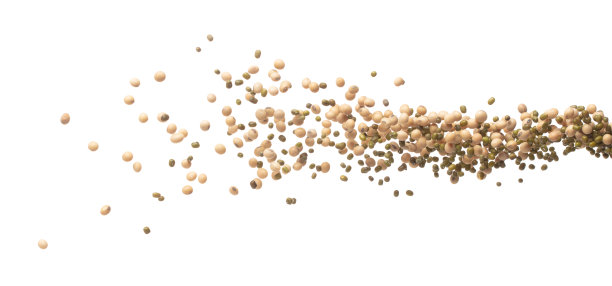 杂绿的黄豆落爆，几种豆浮爆，抽象的云飞。干黄豆绿绿豆在空气中飞溅。白色背景隔离高速图片下载