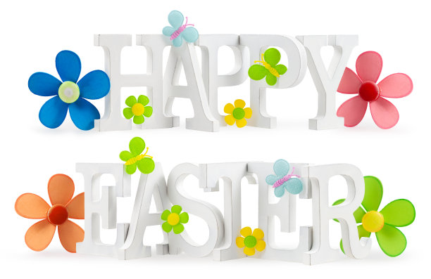 用鲜花和蝴蝶装饰的复活节快乐文字。孤立的白色背景，标题线为广告横幅或礼品贺卡。模板购物促销销售图片下载