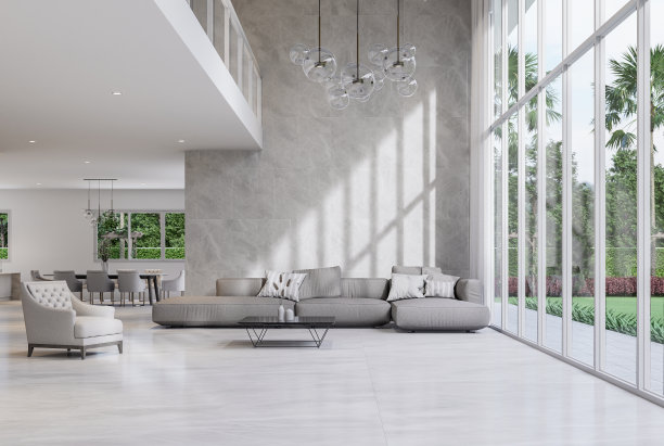 现代风格的豪华白色客厅与花园景观3d渲染图片下载