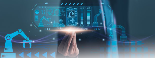 工程师在工厂控制自动化机械臂机器，智能视觉界面屏幕人工智能或AI，机器学习操作，概念商业和工业4.0,5G网络技术图片下载
