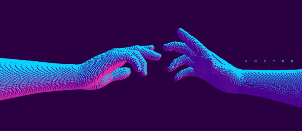 手伸向彼此。人际关系的概念，在一起或伙伴关系。像素立方体艺术。三维矢量插图。可用于广告、营销或演示。图片下载