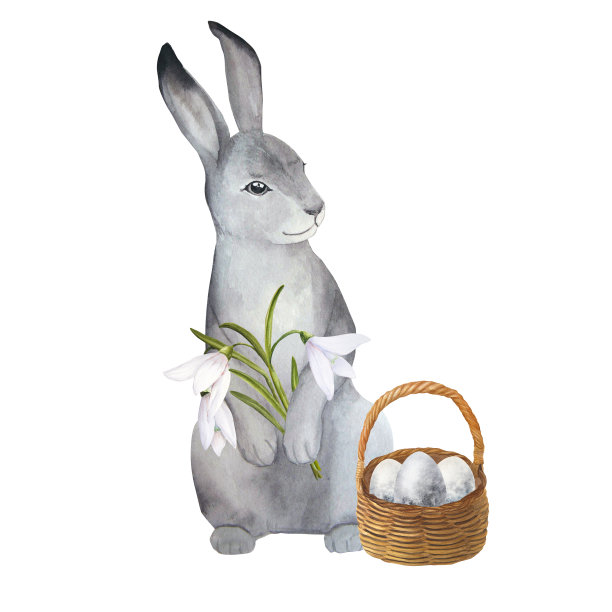 可爱的复活节兔子水彩插图花束和鸡蛋在篮子里图片下载