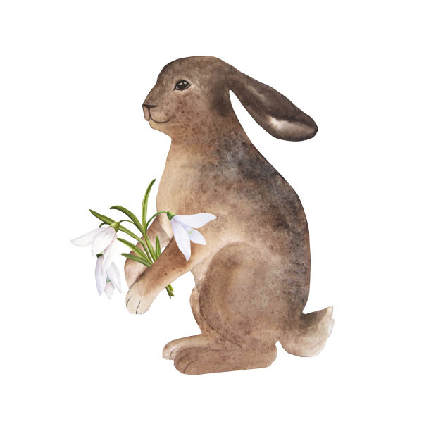 可爱的复活节兔子水彩插图与花束雪花莲图片下载
