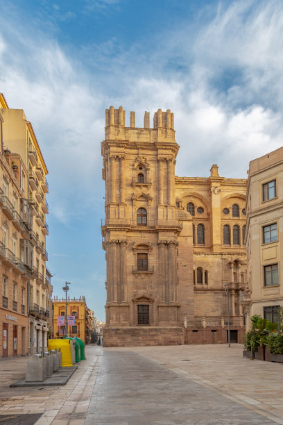 清晨马拉加空无一人的街道。西班牙马拉加，阳光下的老城街树图片下载