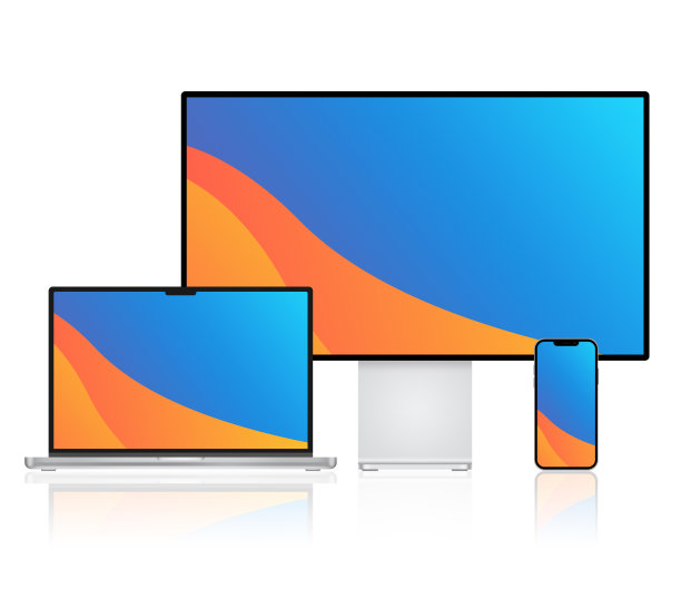 现代数字设备的三维插图模型笔记本电脑，PC电脑和手机的白色背景图片下载