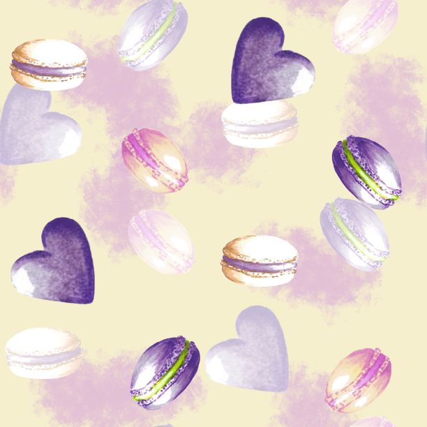 淡黄色背景上的紫色心形和马卡龙无缝模式，手绘标记插图图片下载