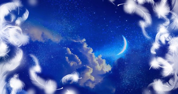 蓝色夜空的神秘背景插图与蓬松的白色天使翅膀和深厚的云。图片下载