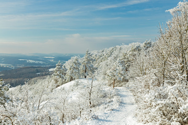 在冬天，从大霍塞尔堡山俯瞰地平线上的瓦特堡城堡图片下载