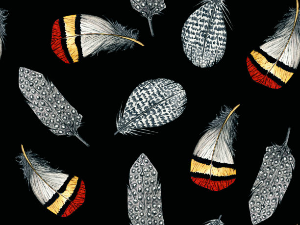 无缝模式。水彩羽毛孤立的黑色背景为儿童设计。复活节。图片下载