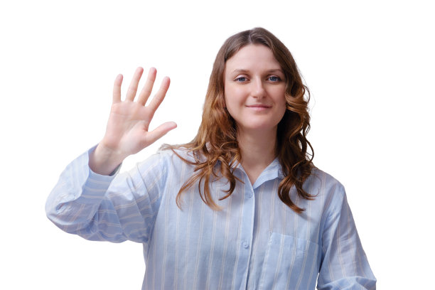 一个穿着蓝色衬衫的成年女子的肖像，孤立在白色背景上图片下载