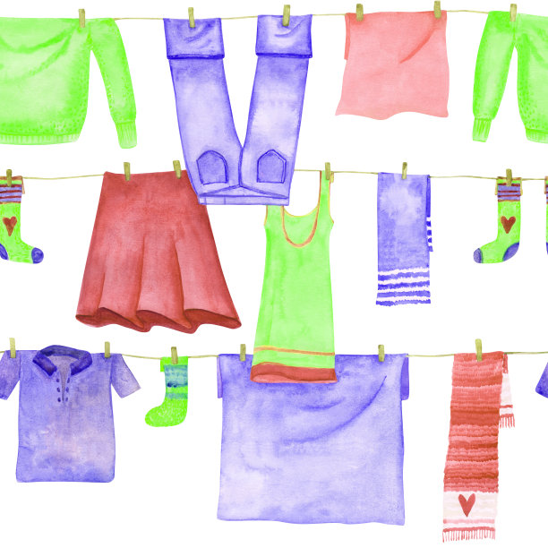 洗衣无缝模式隔离在白色背景上。水彩晾衣绳上无尽的印花。手工洗衣服手拿晒衣夹。蓝色牛仔裤、红色裙子、袜子、裤子、围巾等等。图片下载