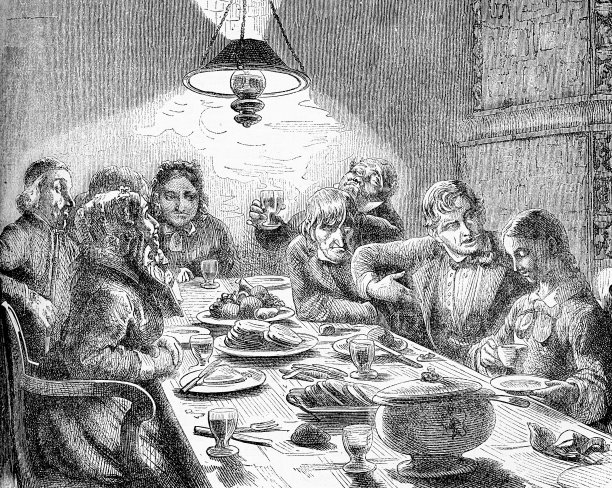 复古漫画，晚餐，家人和朋友围坐在餐桌上共进晚餐，丰盛的食物和美酒图片下载