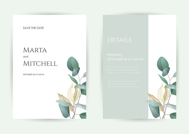 绿色植物婚礼请柬模板图片下载