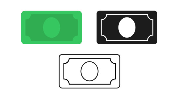 货币图标简单象形平面线条勾勒艺术现金矢量，货币绿色和黑白美元图形网符号剪纸细直线笔画设计剪影形象图片下载