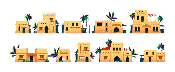 阿拉伯语的房子。古老的阿拉伯民居建筑具有卡通风格，沙漠遗产景观具有传统村落建筑的沙立面。向量组图片下载