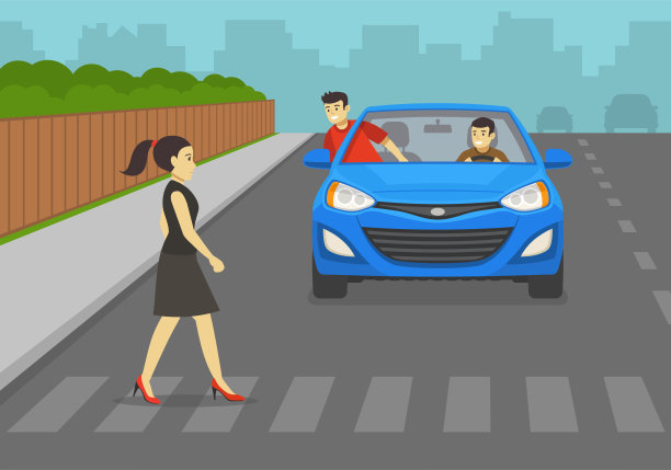 男主角在人行横道上看着女行人。汽车在人行横道前停下给一名妇女让路。男人探出车窗和女孩说话。图片下载
