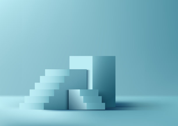 3D逼真的工作室房间蓝色立方体讲台与阶梯台阶成功在最小的墙壁场景蓝色背景图片下载