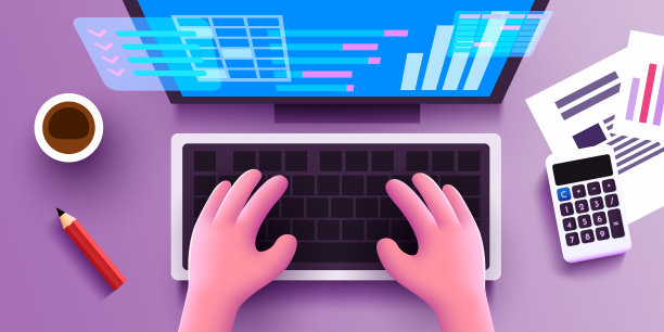 可爱的3d人的手在电脑键盘上工作。财务业务分析和会计概念。从上面看。图片下载