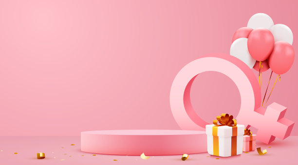 妇女节产品展示横幅。粉红色底座或讲台与女性符号的粉红色背景。图片下载