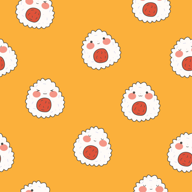 图案与卡哇伊饭团。不同情感的可爱饭团。传统的日本食物。股票矢量平面图图片下载