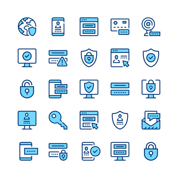 密码行图标。密码图标集。蓝色的颜色。勾勒出笔画符号。矢量线图标集图片下载