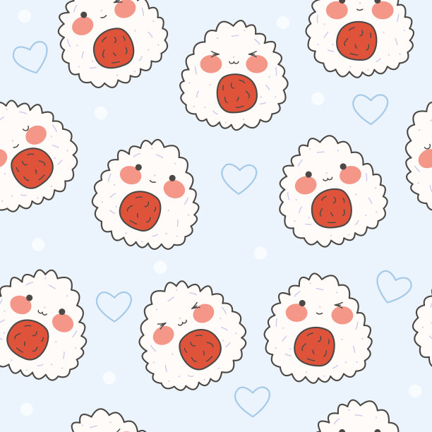 图案与卡哇伊饭团。不同情感的可爱饭团。传统的日本食物。股票矢量平面图图片下载