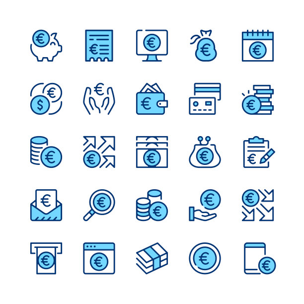 欧洲线图标。欧元图标集。蓝色的颜色。勾勒出笔画符号。矢量线图标集图片下载