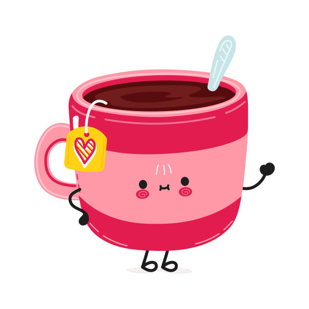 可爱有趣的粉色茶杯茶挥手字符。矢量手绘卡通卡哇伊人物插图图标。孤立在白色背景上。粉色茶杯人物概念图片下载