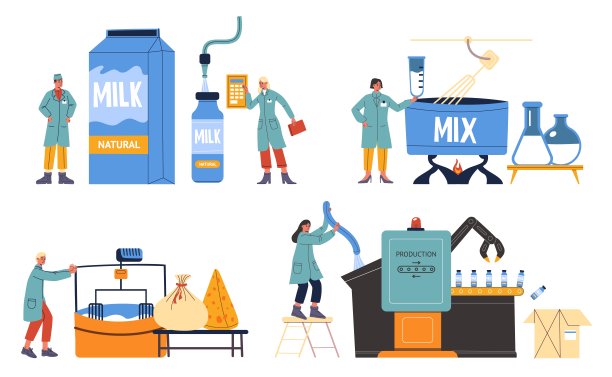 乳制品生产行业。牛奶加工场景。奶酪工厂。瓶装饮料输送带。混合和包装机械。巴氏杀菌的饮料。现代技术。矢量食品制造设备图片下载