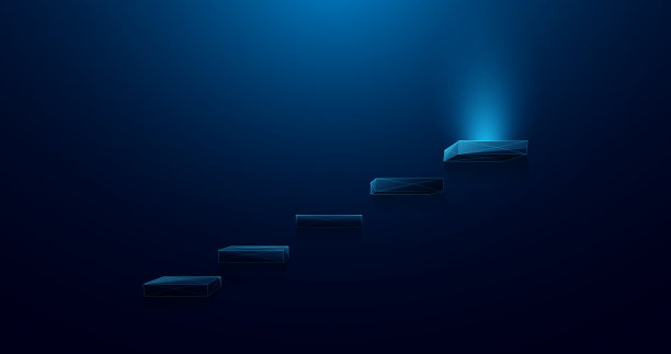 低多边形线框风格蓝色楼梯亮晶晶顶台阶，成功。矢量图图片下载