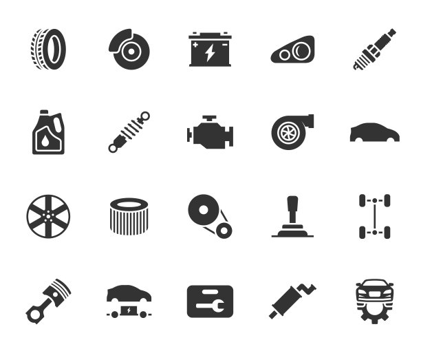 矢量集汽车零件平面图标。包含图标轮胎，合金车轮，汽车电池，悬挂，盘式制动器，火花塞，发动机油，变速箱，活塞和更多。像素完美。图片下载