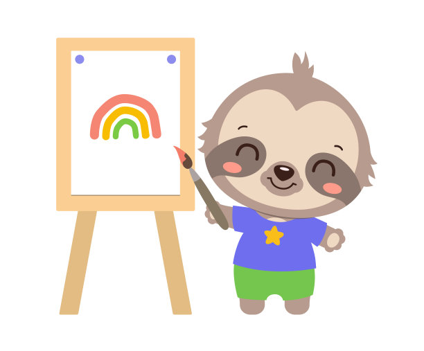 卡哇伊树懒艺术家用画笔和画架画画。图片下载