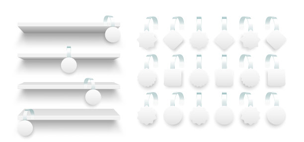 带有超市促销摆动器的商店货架。产品货架和广告摇摆。杂货店墙上的架子。促销或折扣标签，特惠价格标签。矢量图图片下载